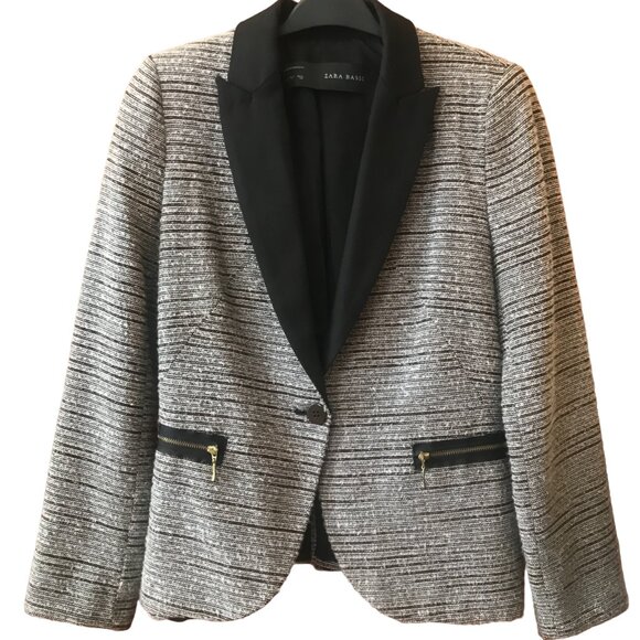 ZARA Tweed Blazer Tuxedo Style with Pockets Light Shoulder Padding Zipper Detail - Picture 1 of 15